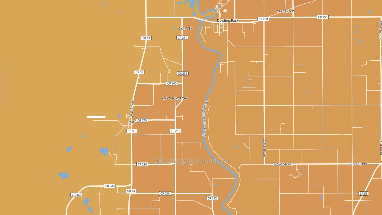 Map of the best neighborhoods in the Mayo Junction area, with better matches in green and worse matches in red