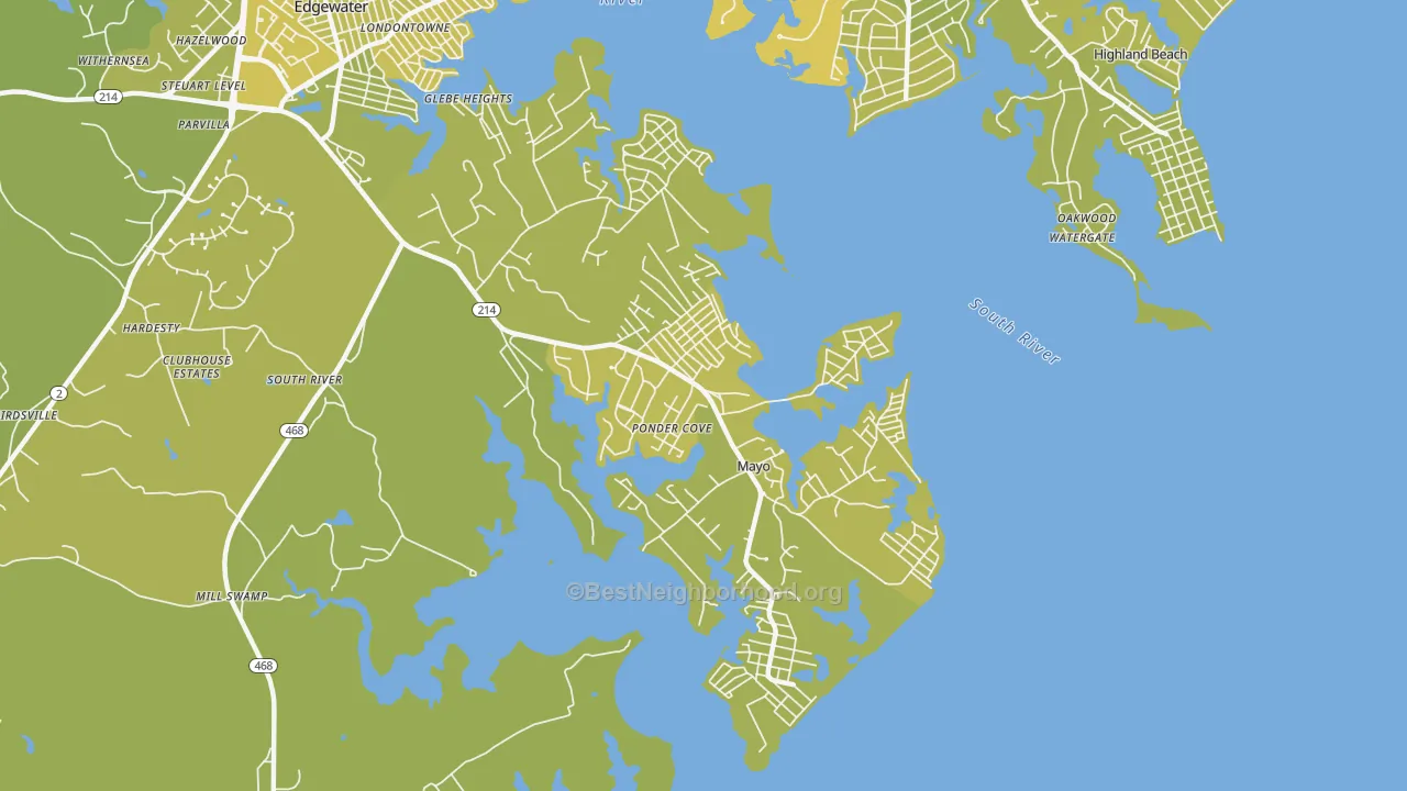 Map of the best neighborhoods in the Mayo area, with better matches in green and worse matches in red
