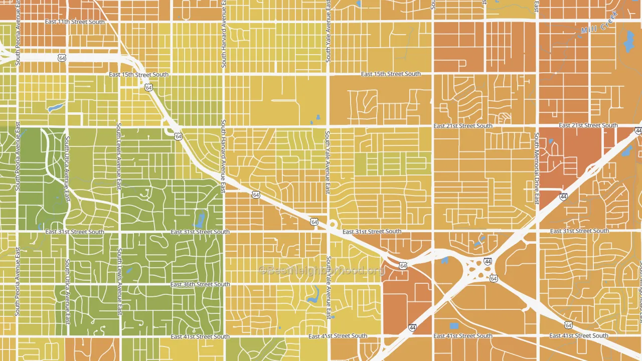 Map of the best neighborhoods in the Mayo Meadow, Tulsa area, with better matches in green and worse matches in red