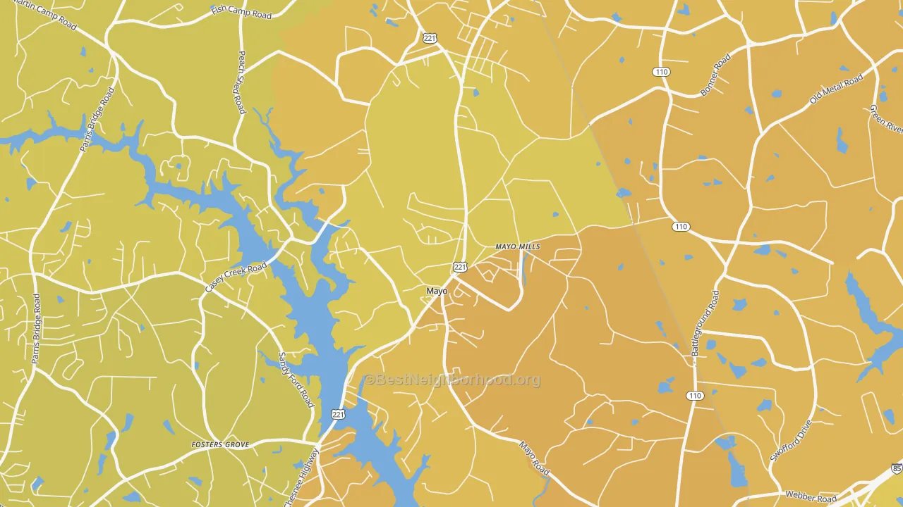 Map of the best neighborhoods in the Mayo area, with better matches in green and worse matches in red