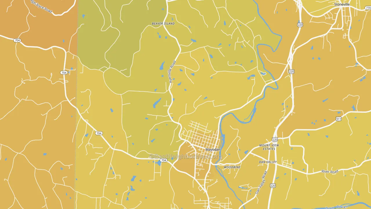 Map of the best neighborhoods in the Mayodan area, with better matches in green and worse matches in red