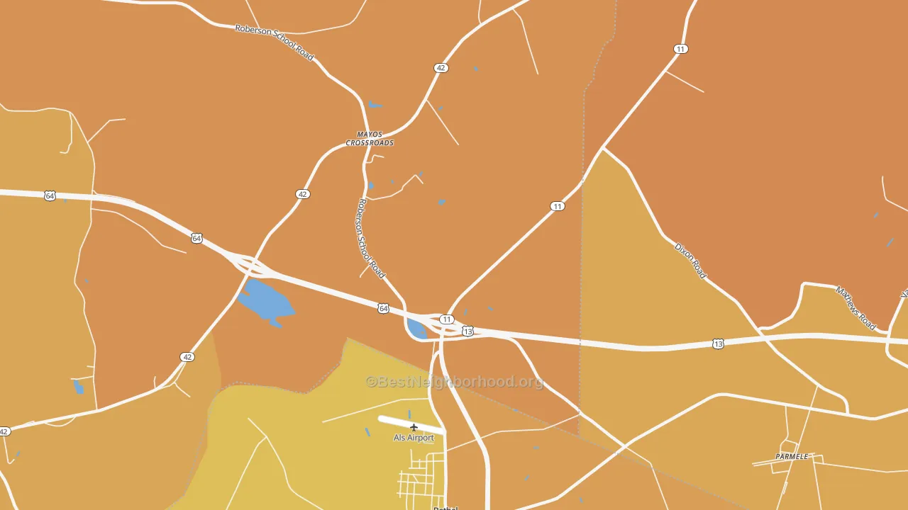 Map of the best neighborhoods in the Mayos Crossroads area, with better matches in green and worse matches in red
