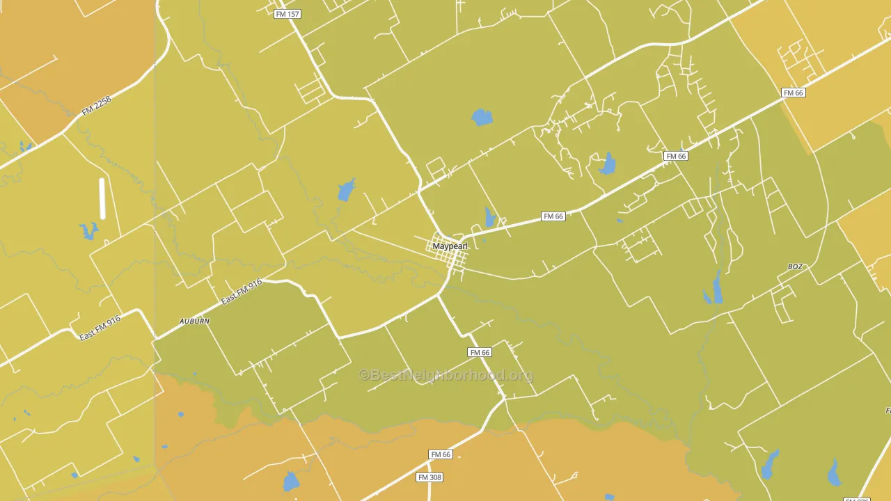 Map of the best neighborhoods in the Maypearl area, with better matches in green and worse matches in red