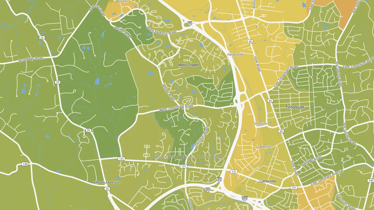 Map of the best neighborhoods in the Mays Chapel area, with better matches in green and worse matches in red