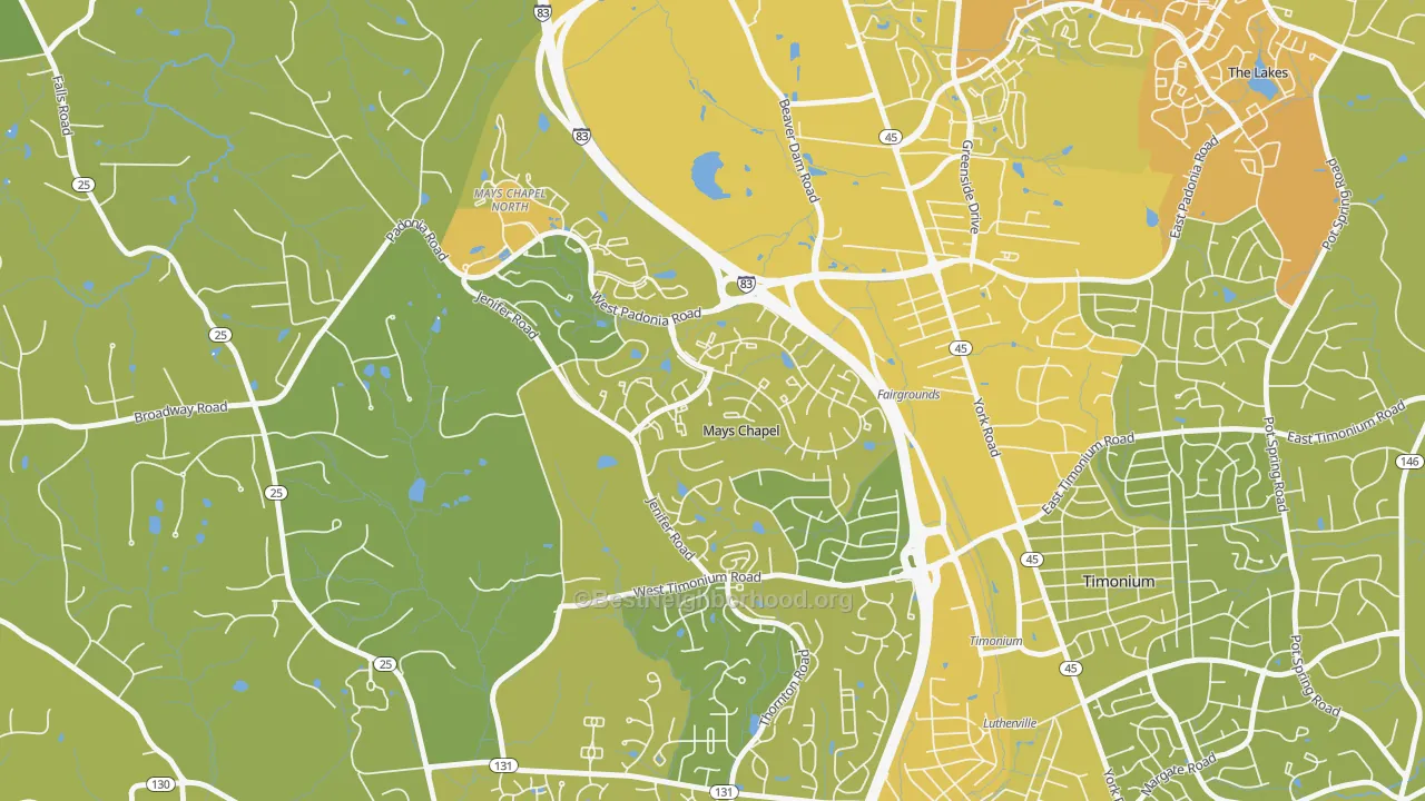 Map of the best neighborhoods in the Mays Chapel Village, Mays Chapel area, with better matches in green and worse matches in red
