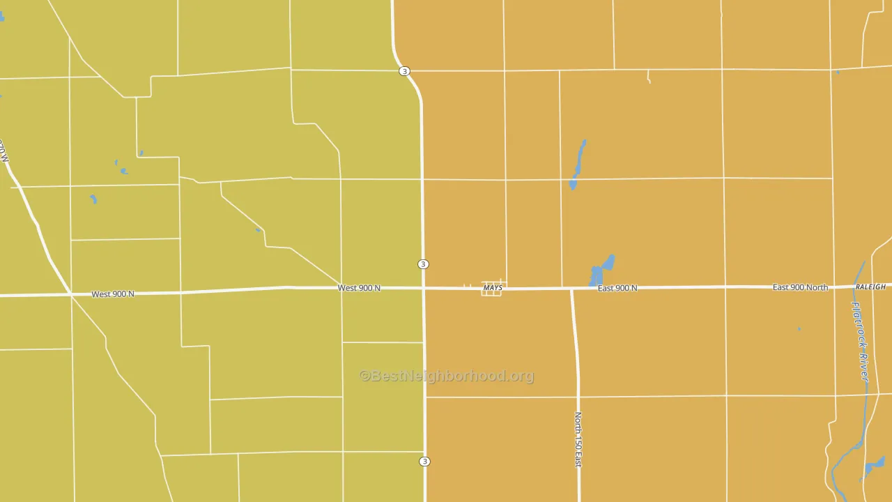 Map of the best neighborhoods in the Mays area, with better matches in green and worse matches in red