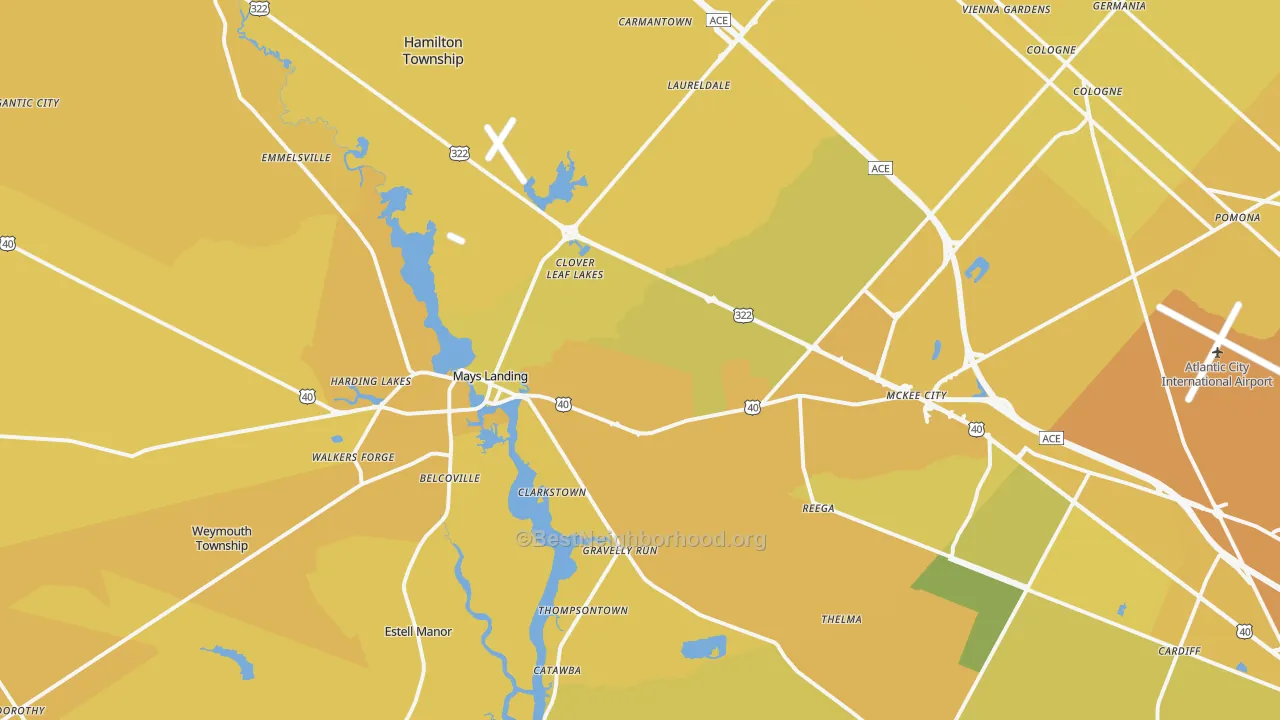 Map of the best neighborhoods in the Mays Landing area, with better matches in green and worse matches in red
