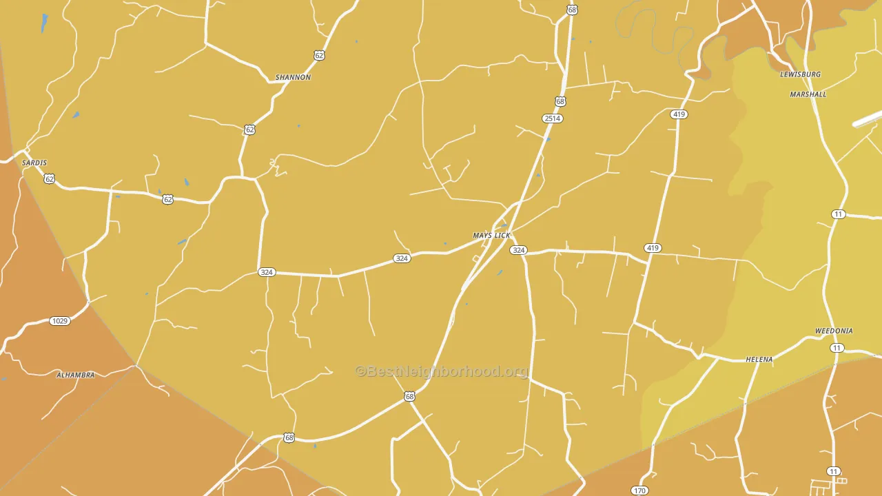 Map of the best neighborhoods in the Mays Lick area, with better matches in green and worse matches in red