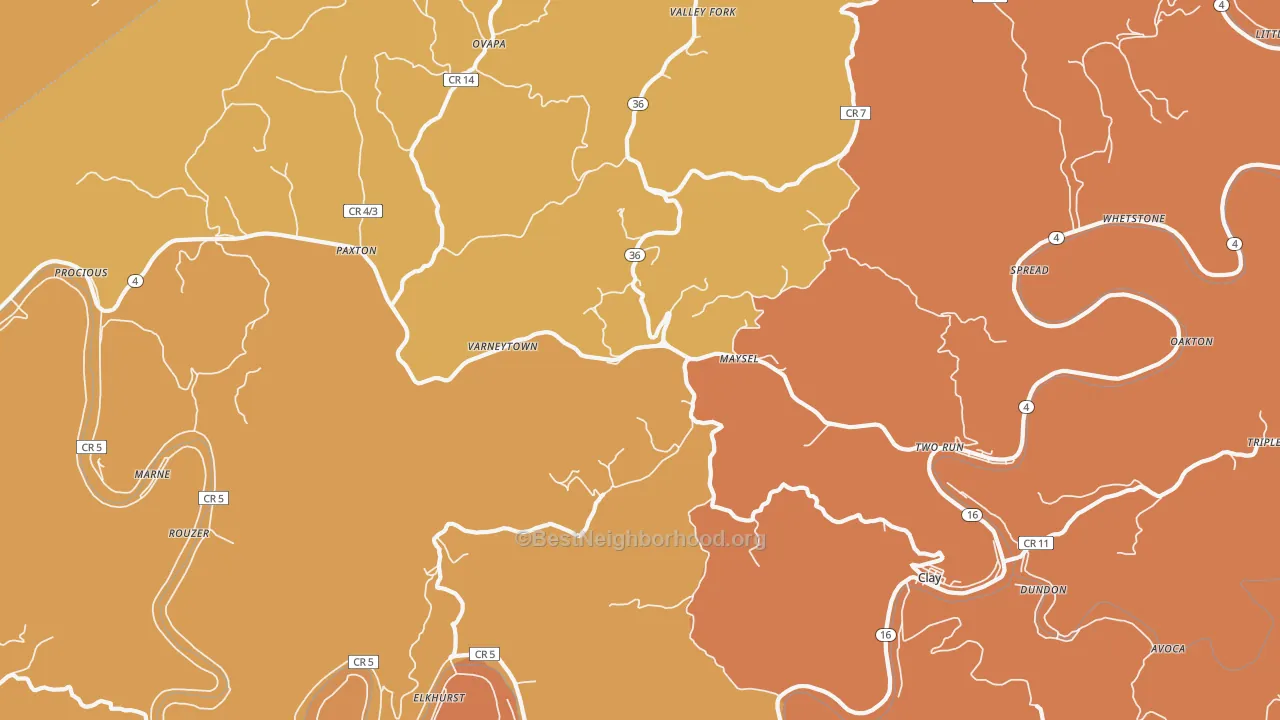 Map of the best neighborhoods in the Maysel area, with better matches in green and worse matches in red