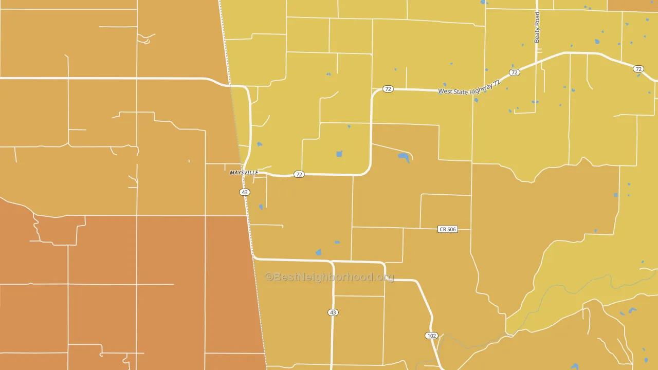 Map of the best neighborhoods in the Maysville area, with better matches in green and worse matches in red