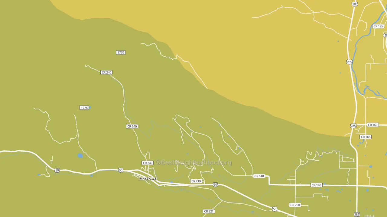 Map of the best neighborhoods in the Maysville area, with better matches in green and worse matches in red