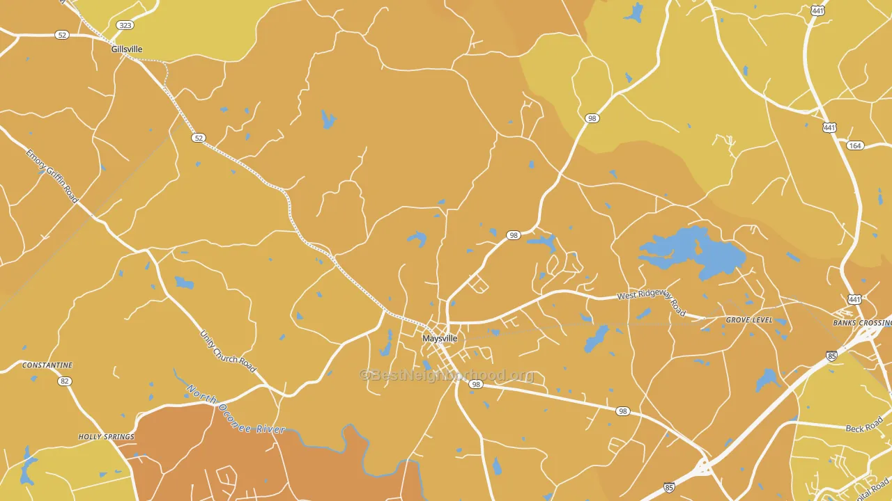 Map of the best neighborhoods in the Maysville area, with better matches in green and worse matches in red
