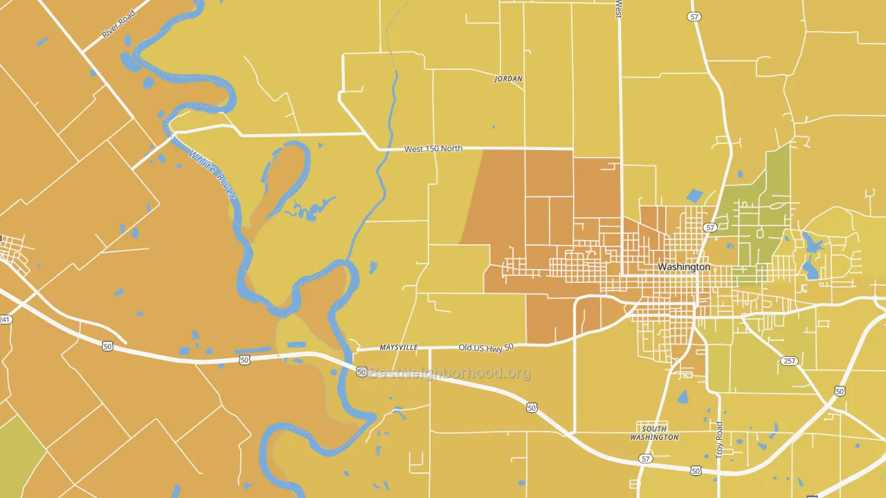 Map of the best neighborhoods in the Maysville area, with better matches in green and worse matches in red