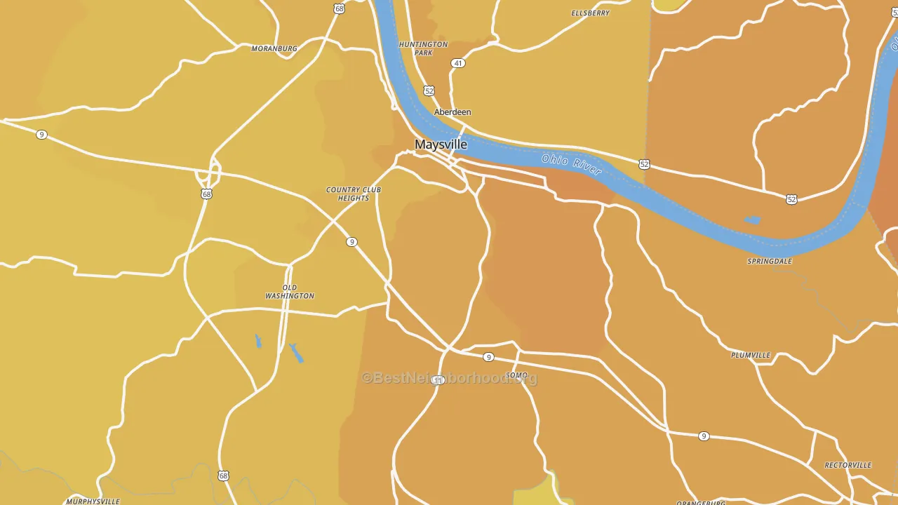 Map of the best neighborhoods in the Maysville area, with better matches in green and worse matches in red