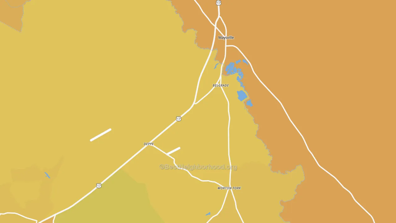 Map of the best neighborhoods in the Maysville area, with better matches in green and worse matches in red