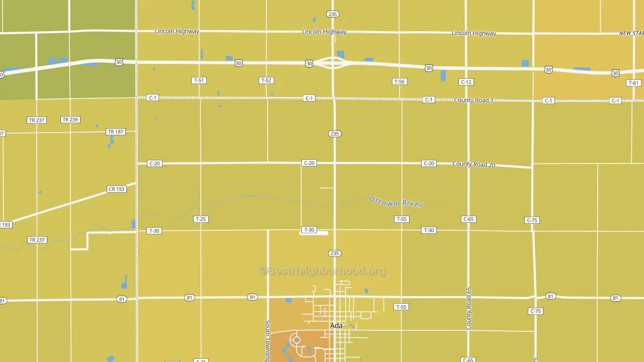 Map of the best neighborhoods in the Maysville area, with better matches in green and worse matches in red