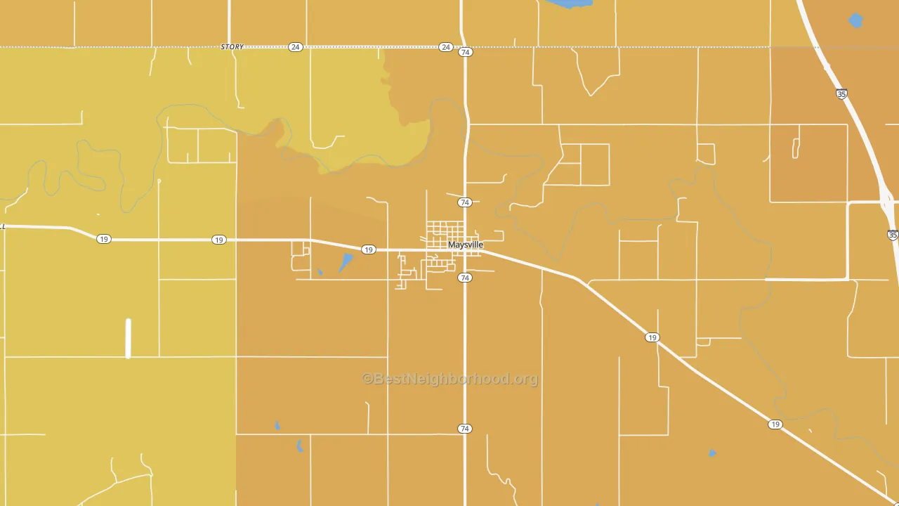 Map of the best neighborhoods in the Maysville area, with better matches in green and worse matches in red