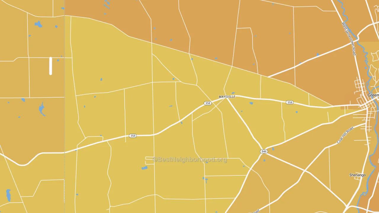 Map of the best neighborhoods in the Maysville area, with better matches in green and worse matches in red