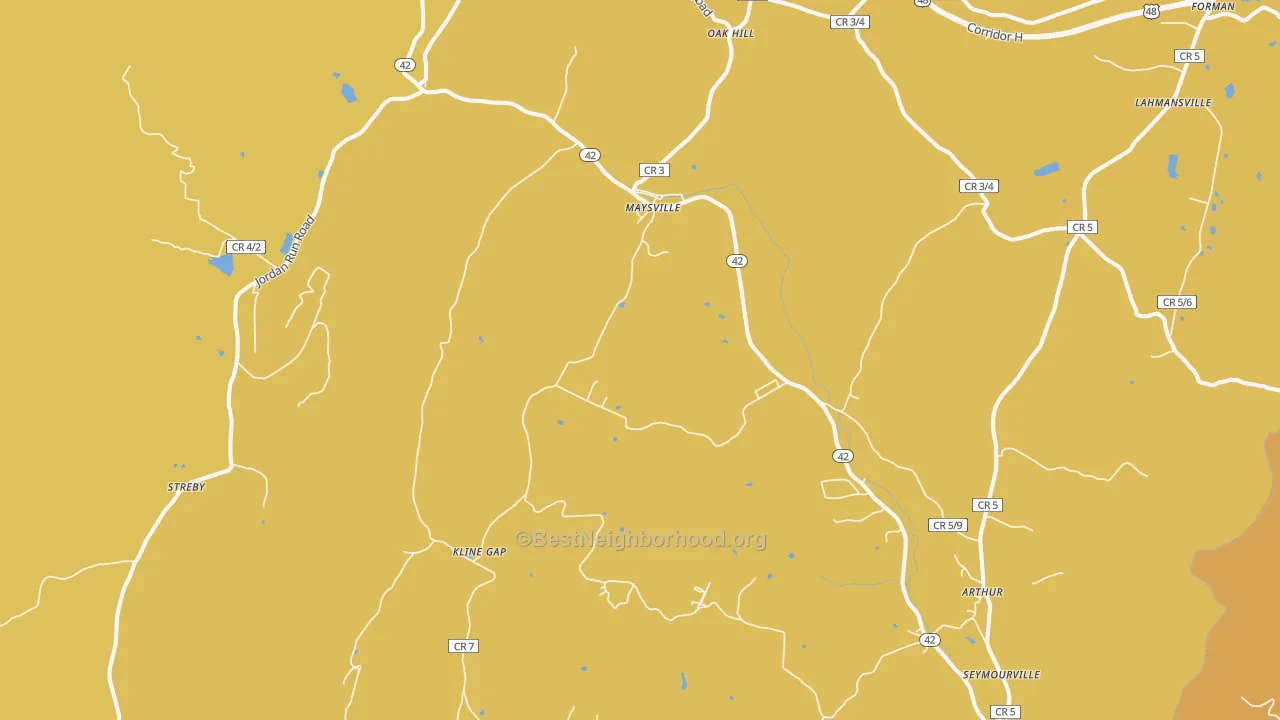 Map of the best neighborhoods in the Maysville area, with better matches in green and worse matches in red
