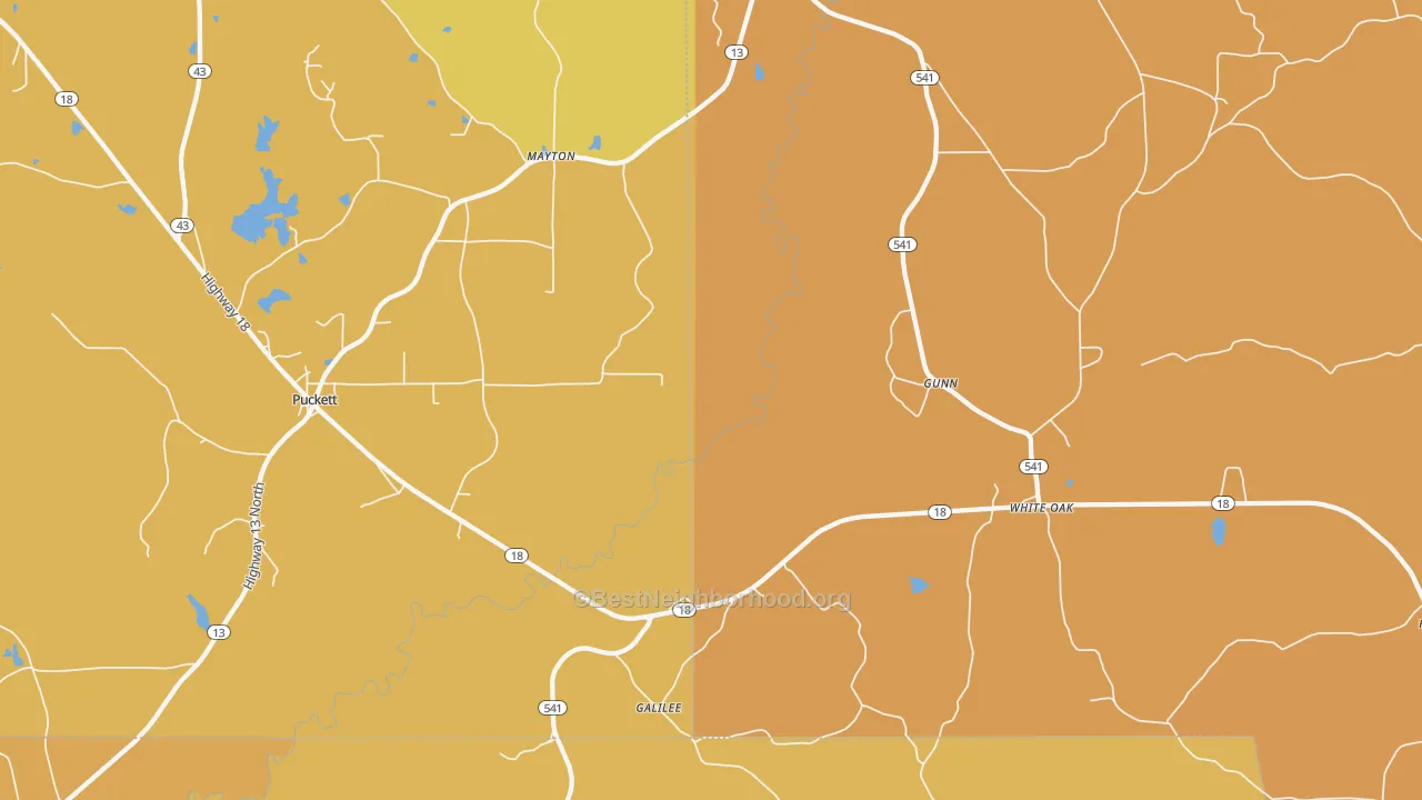 Map of the best neighborhoods in the Mayton area, with better matches in green and worse matches in red