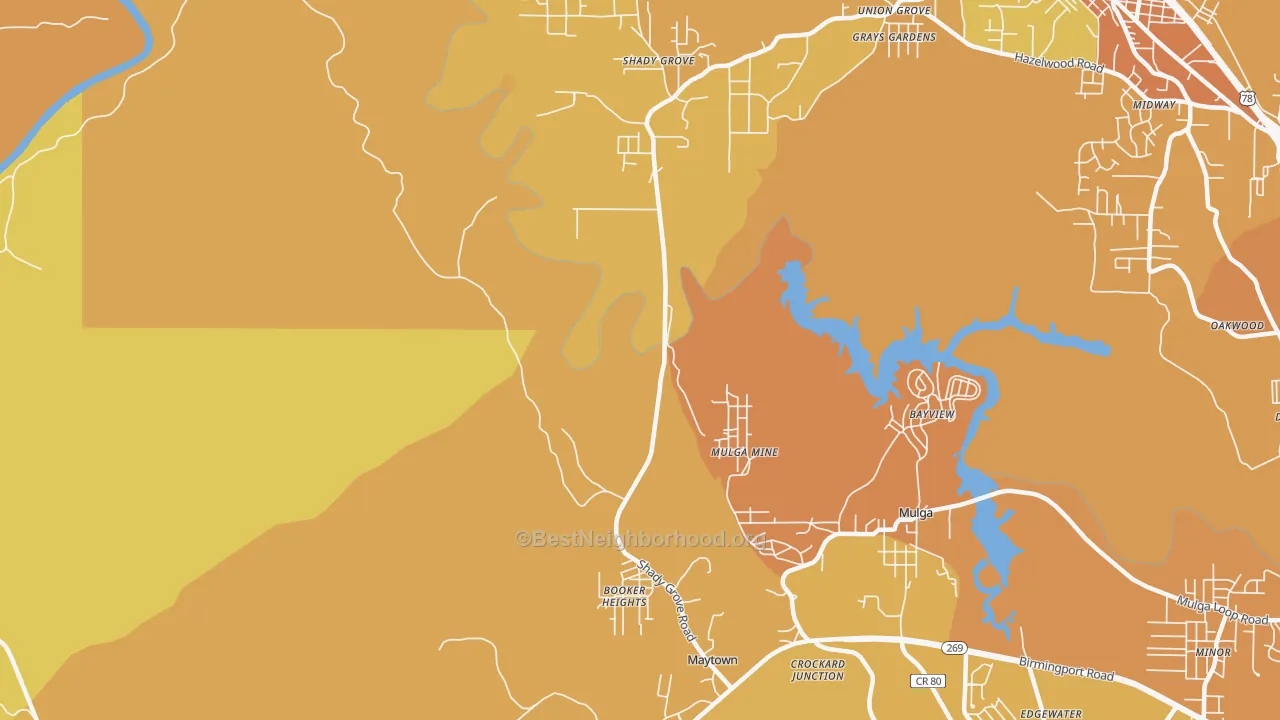 Map of the best neighborhoods in the Maytown area, with better matches in green and worse matches in red