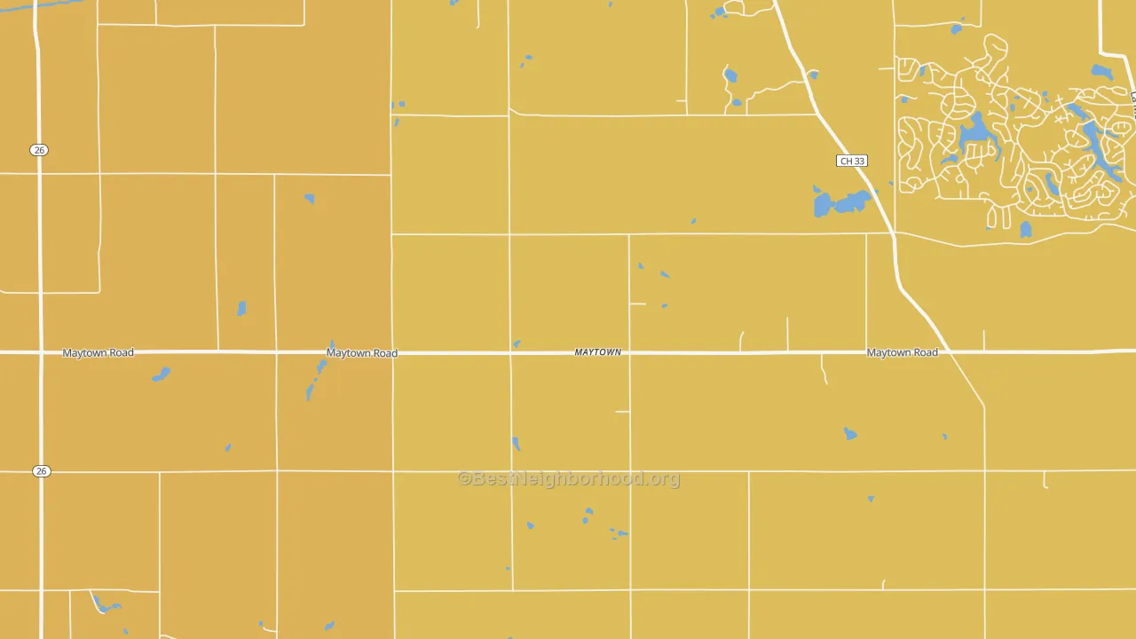 Map of the best neighborhoods in the Maytown area, with better matches in green and worse matches in red