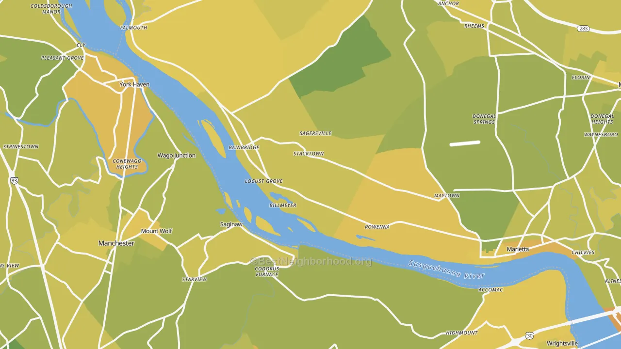 Map of the best neighborhoods in the Maytown area, with better matches in green and worse matches in red