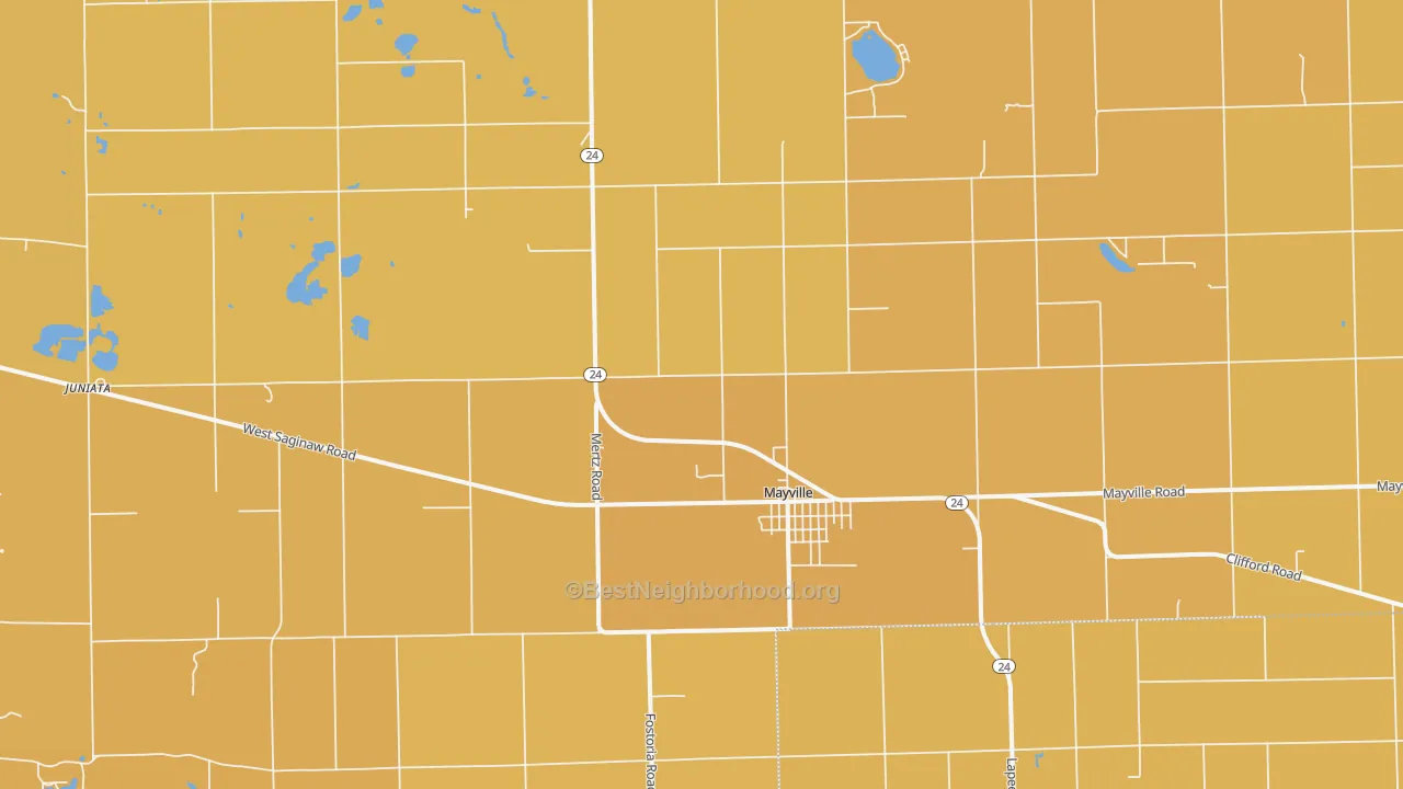 Map of the best neighborhoods in the Mayville area, with better matches in green and worse matches in red