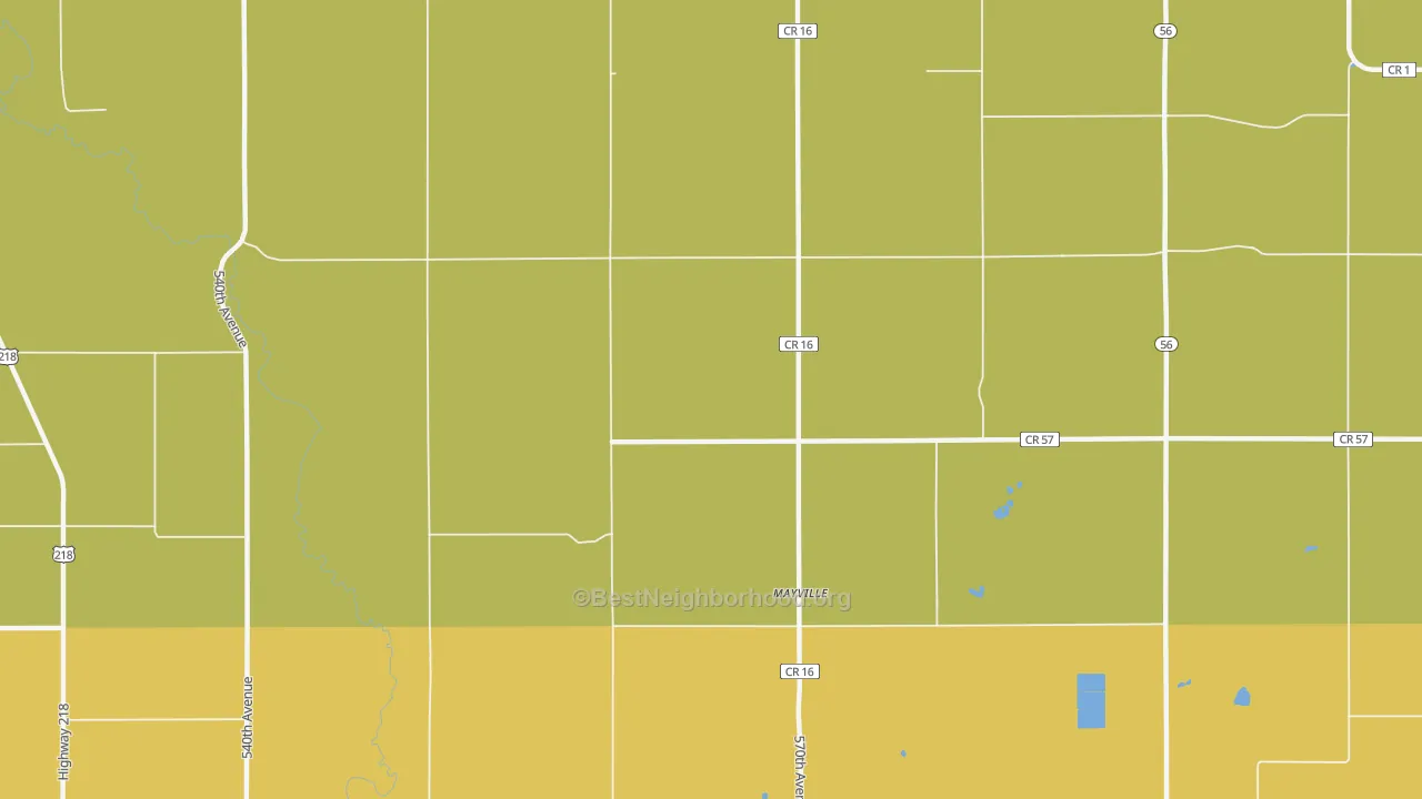 Map of the best neighborhoods in the Mayville area, with better matches in green and worse matches in red