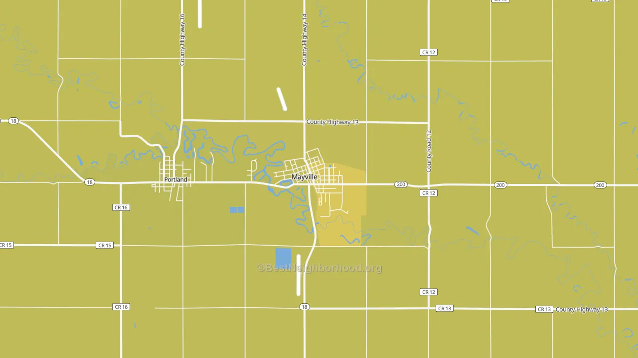 Map of the best neighborhoods in the Mayville area, with better matches in green and worse matches in red