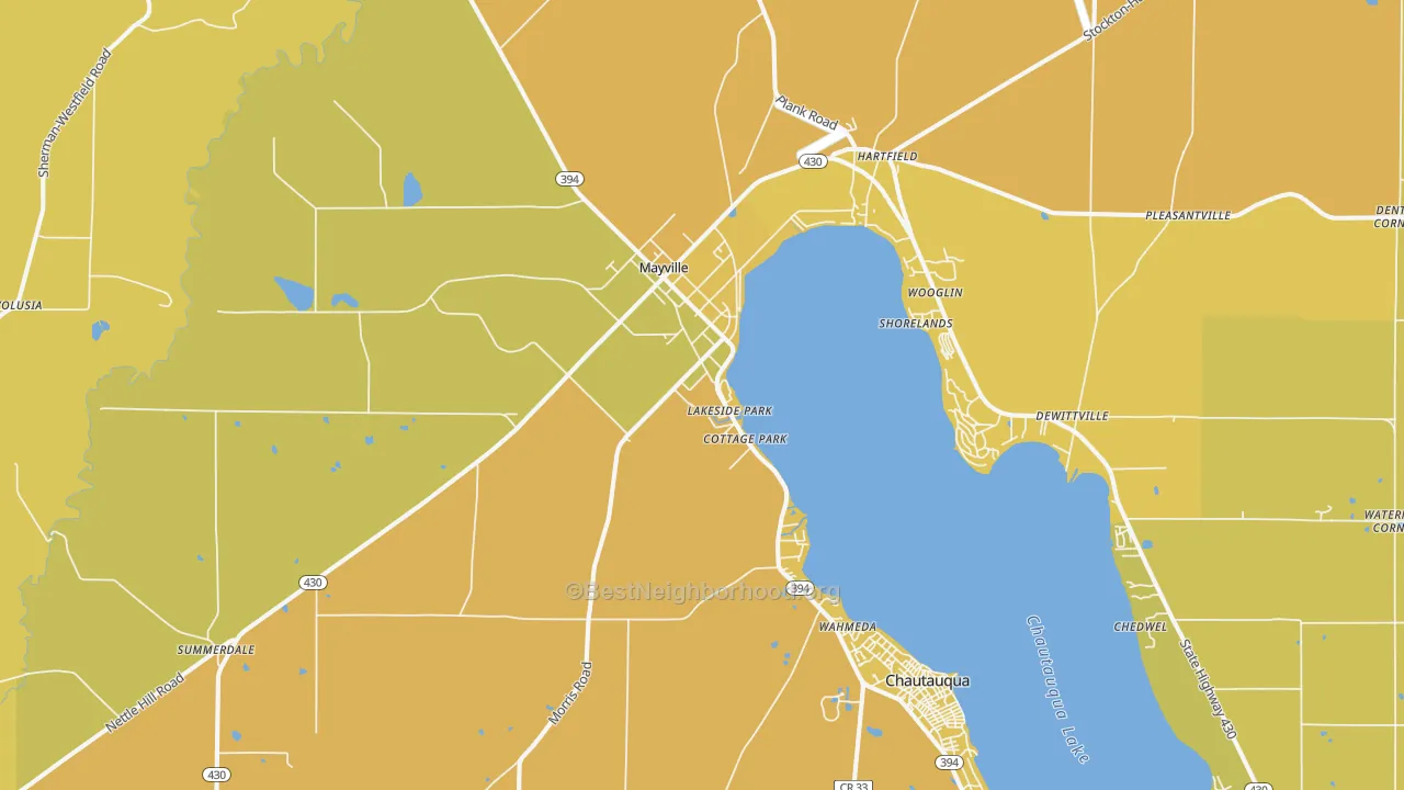 Map of the best neighborhoods in the Mayville area, with better matches in green and worse matches in red