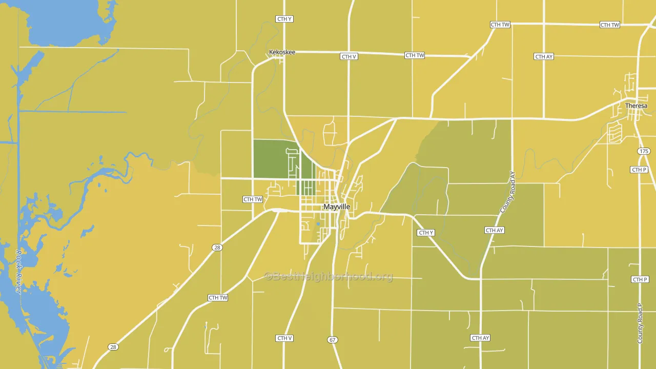 Map of the best neighborhoods in the Mayville area, with better matches in green and worse matches in red
