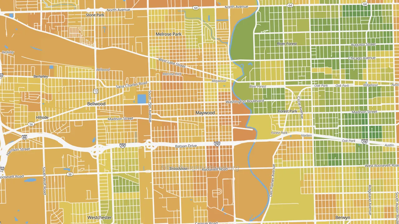 Map of the best neighborhoods in the Maywood area, with better matches in green and worse matches in red