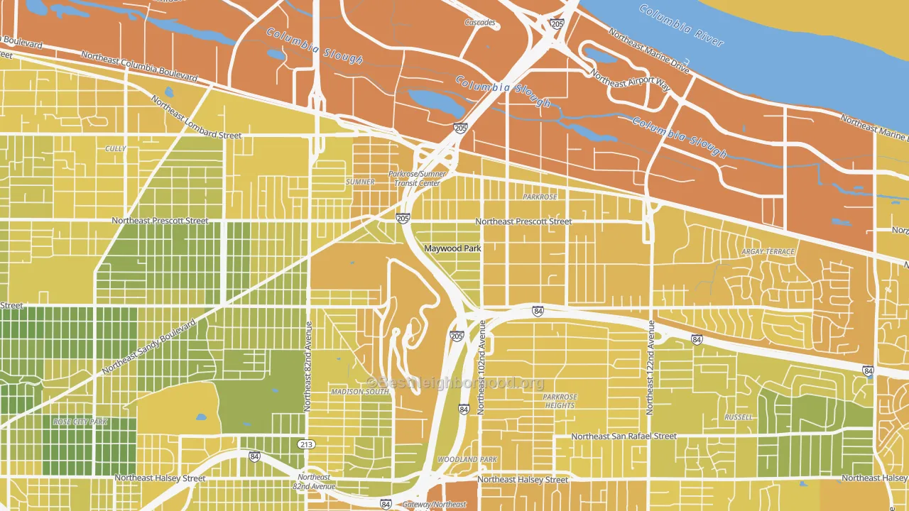 Map of the best neighborhoods in the Maywood Park area, with better matches in green and worse matches in red
