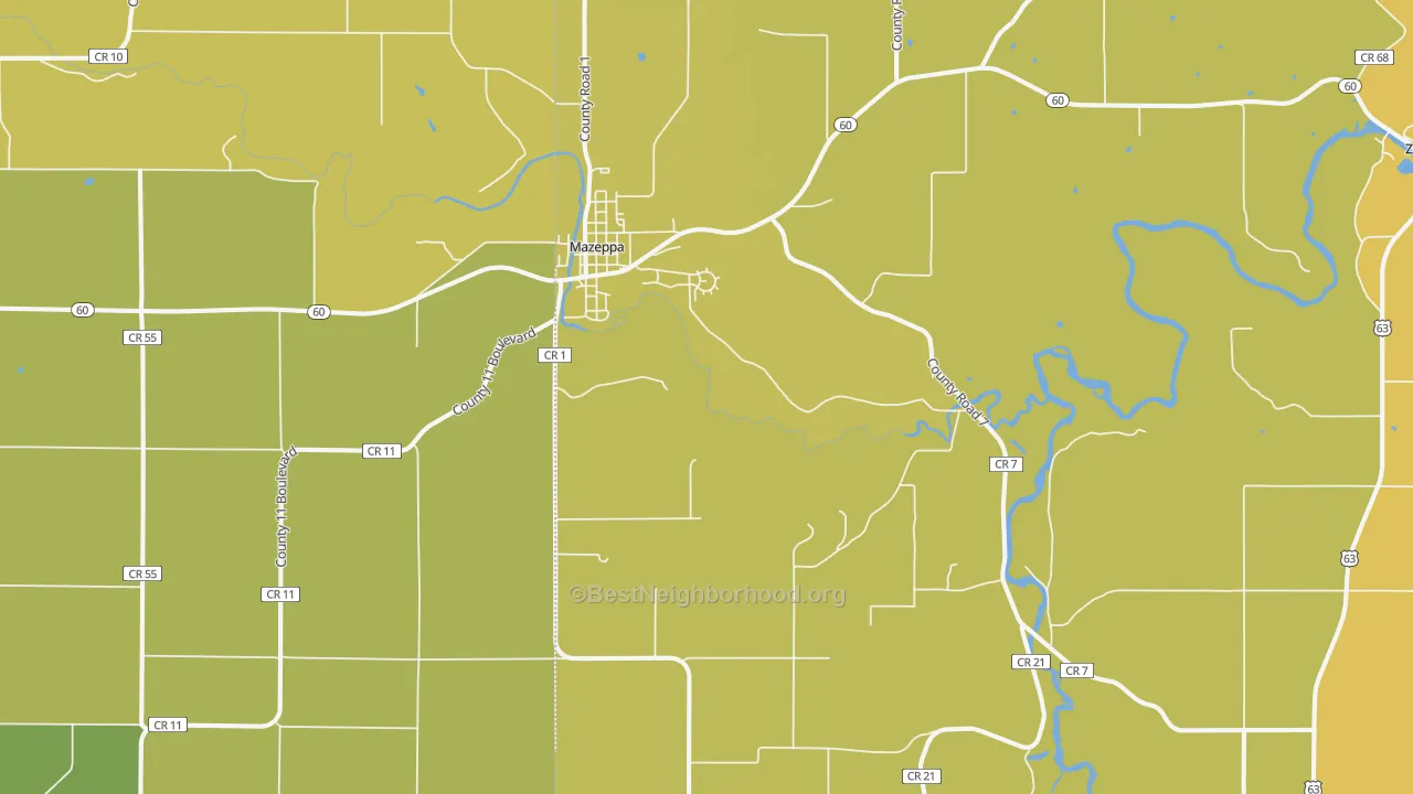 Map of the best neighborhoods in the Mazeppa area, with better matches in green and worse matches in red