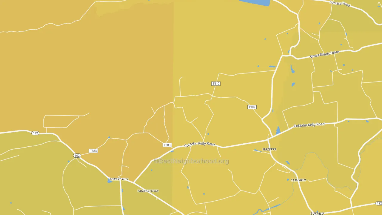 Map of the best neighborhoods in the Mazeppa area, with better matches in green and worse matches in red
