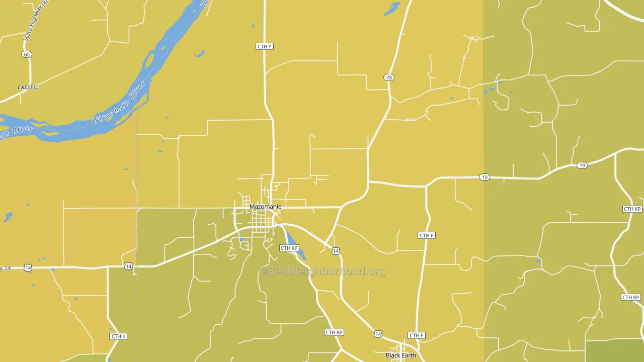 Map of the best neighborhoods in the Mazomanie area, with better matches in green and worse matches in red
