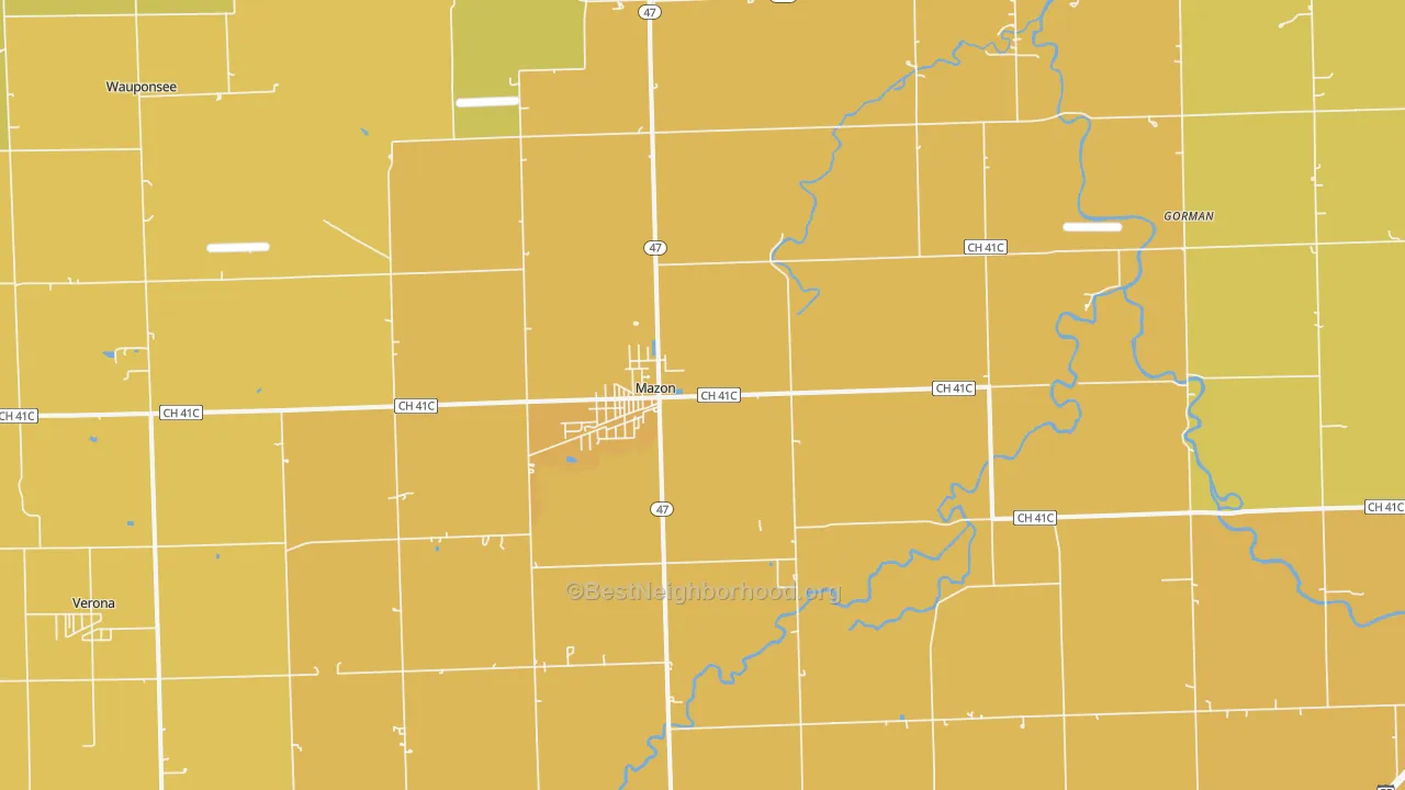 Map of the best neighborhoods in the Mazon area, with better matches in green and worse matches in red