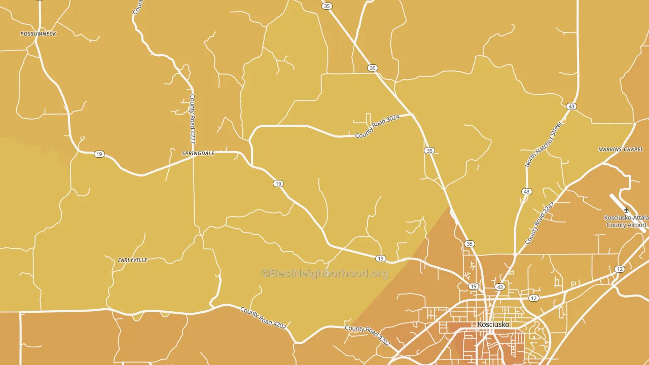 Map of the best neighborhoods in the Mc Adams area, with better matches in green and worse matches in red