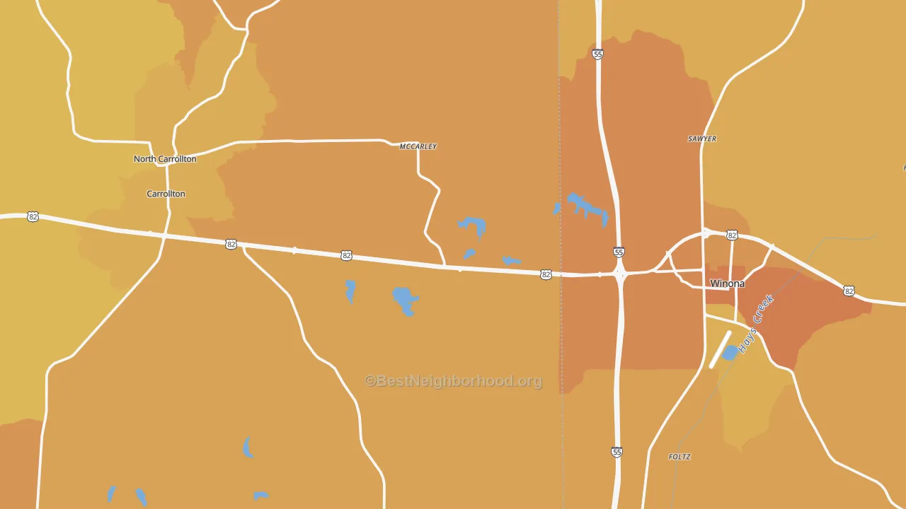 Map of the best neighborhoods in the Mc Carley area, with better matches in green and worse matches in red