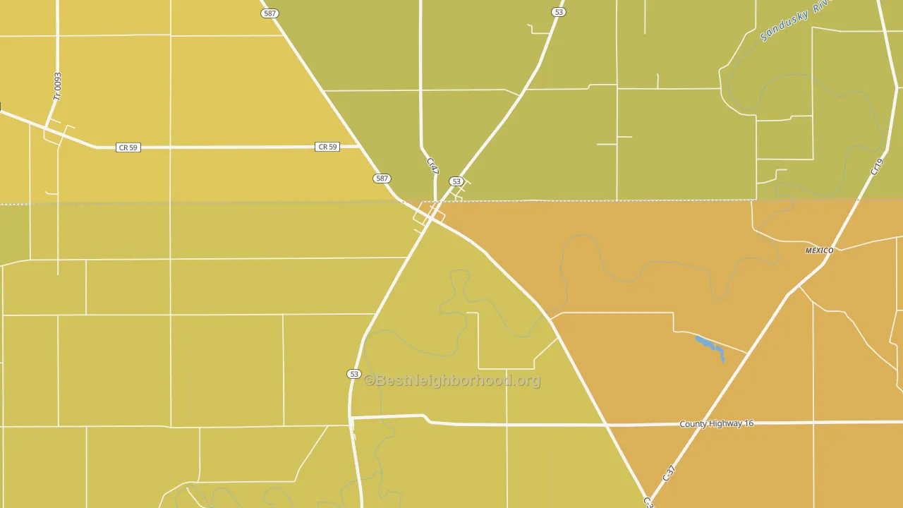 Map of the best neighborhoods in the Mc Cutchenville area, with better matches in green and worse matches in red