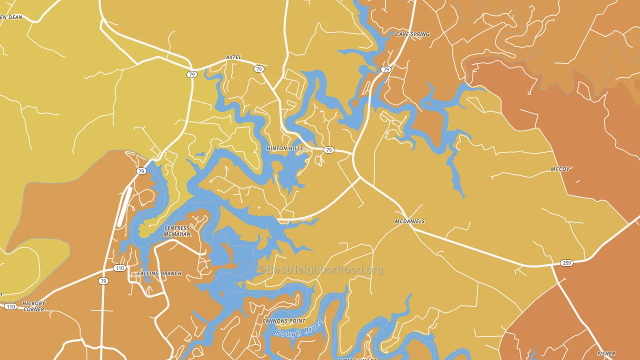 Map of the best neighborhoods in the Mc Daniels area, with better matches in green and worse matches in red