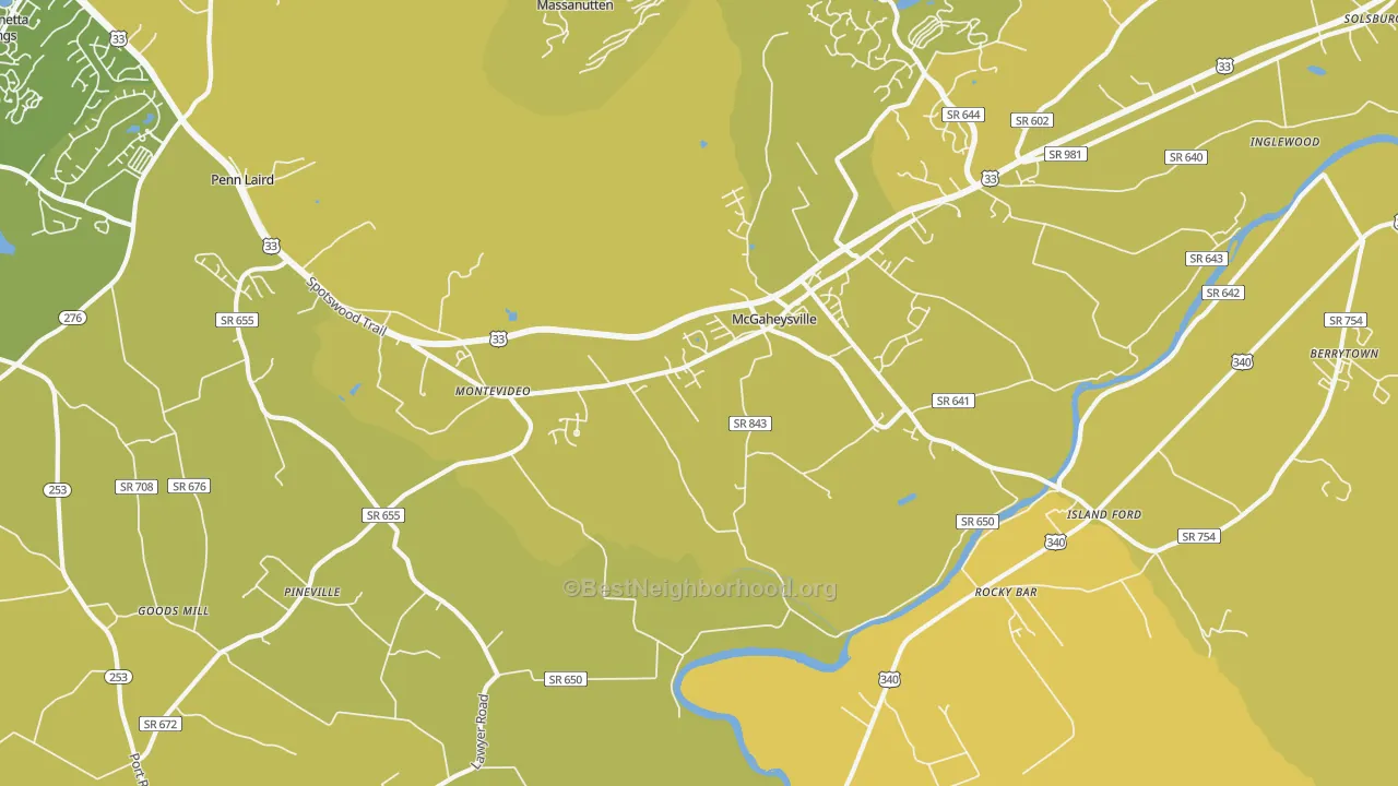 Map of the best neighborhoods in the Mc Gaheysville area, with better matches in green and worse matches in red