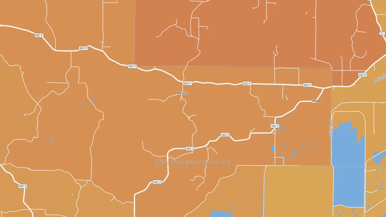 Map of the best neighborhoods in the Mc Gee area, with better matches in green and worse matches in red