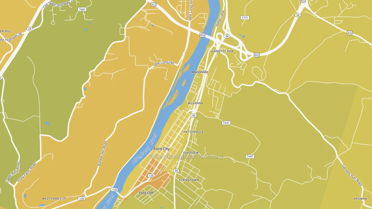 Map of the best neighborhoods in the Mc Grann area, with better matches in green and worse matches in red