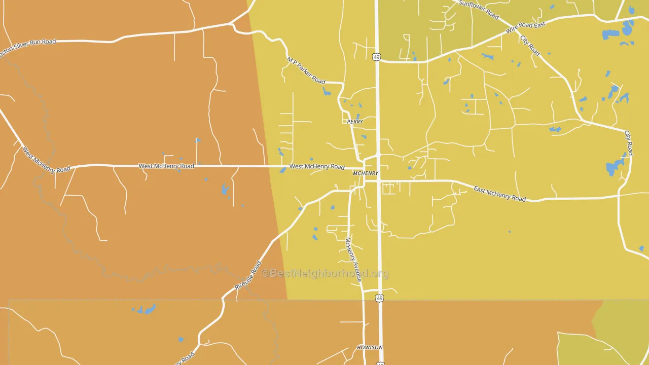 Map of the best neighborhoods in the Mc Henry area, with better matches in green and worse matches in red