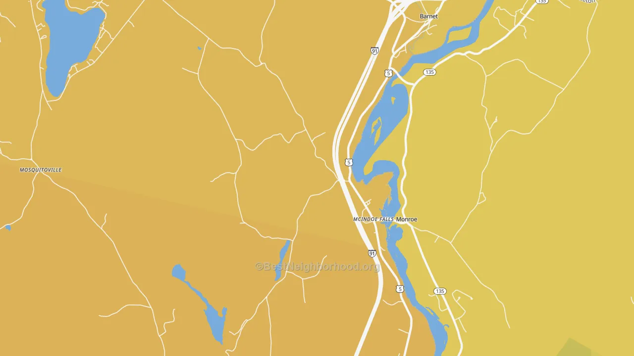 Map of the best neighborhoods in the Mc Indoe Falls area, with better matches in green and worse matches in red