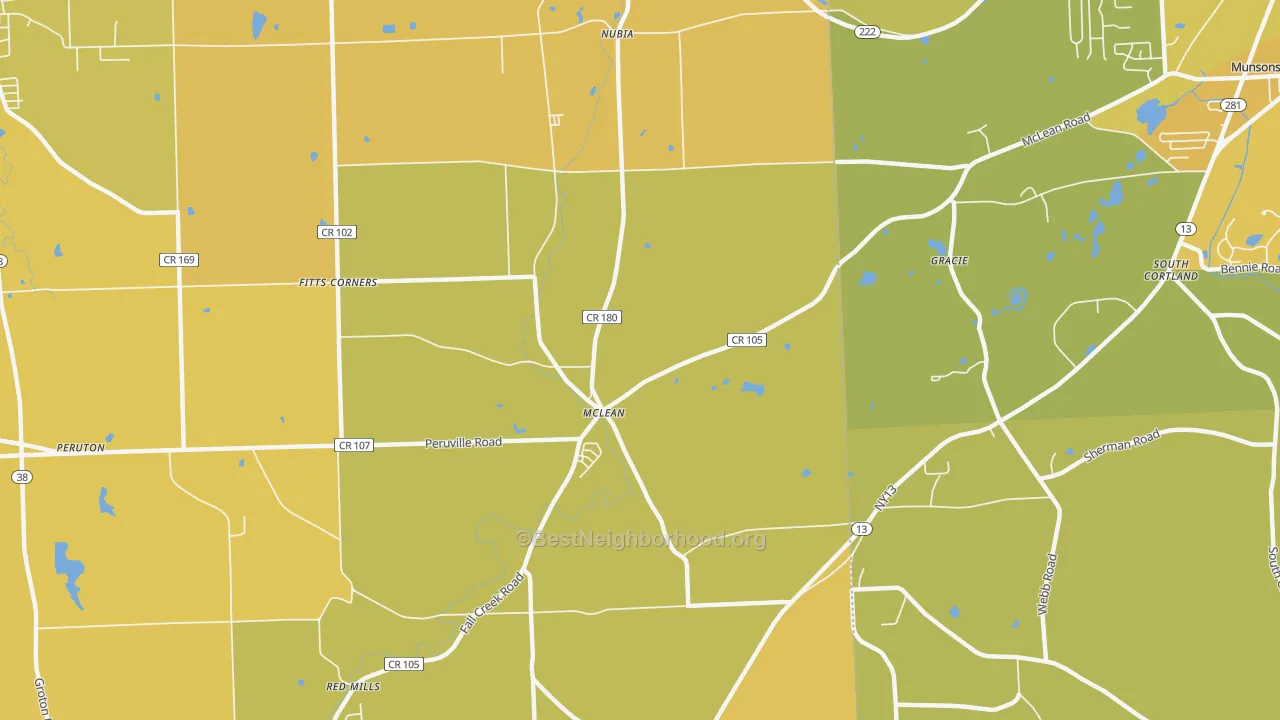 Map of the best neighborhoods in the Mc Lean area, with better matches in green and worse matches in red