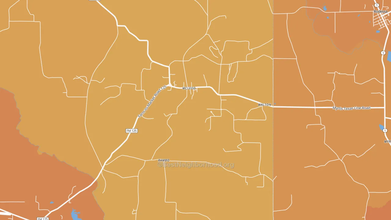 Map of the best neighborhoods in the Mc Leod area, with better matches in green and worse matches in red