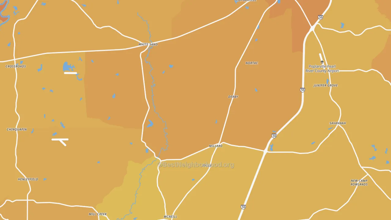 Map of the best neighborhoods in the Mc Neill area, with better matches in green and worse matches in red